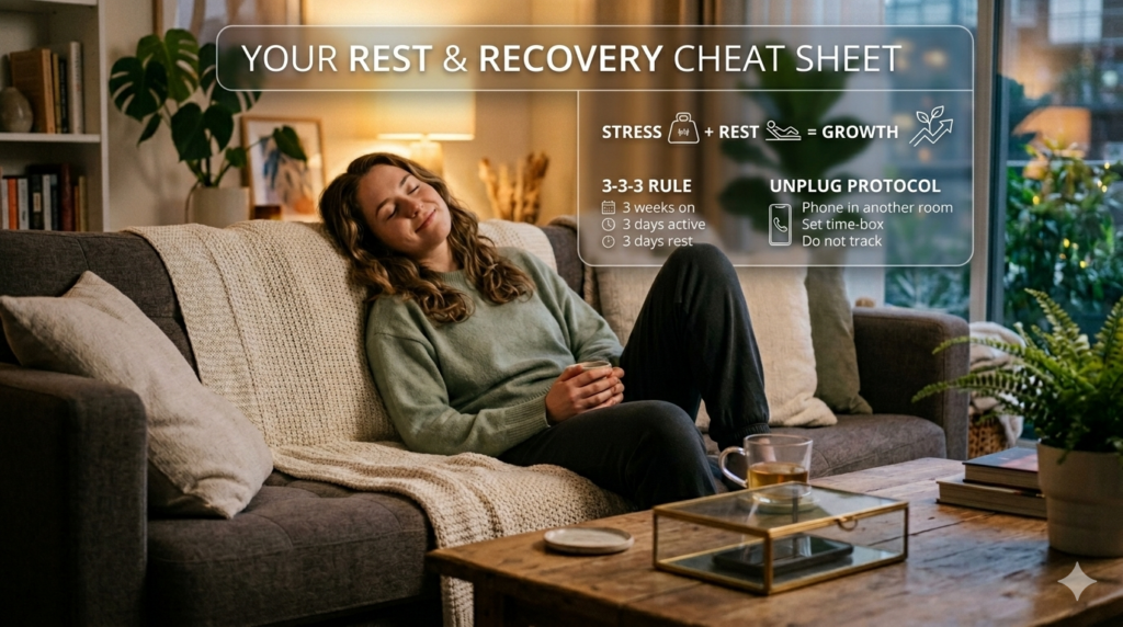 A young woman sitting peacefully on a cozy couch with her eyes closed and a gentle smile, holding a warm mug. In the foreground, a smartphone is placed face-down inside a glass decorative box on a wooden coffee table, symbolizing an intentional break from technology.