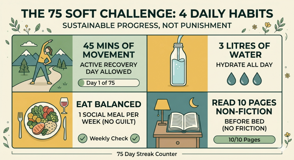 An infographic titled "The 75 Soft Challenge: 4 Daily Habits." The image is divided into four sections: 45 minutes of movement, 3 liters of water, balanced eating with one social meal allowed, and reading 10 pages of non-fiction. The design is minimalist with a soothing green and cream color scheme, featuring icons of a trail, a water bottle, a healthy meal, and a book.
