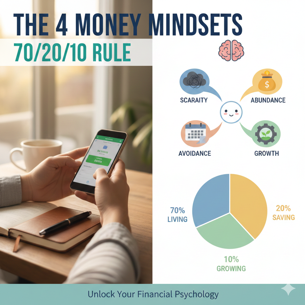Infographic showing a person managing finances on a phone next to a diagram of the 4 money mindsets and a 70/20/10 budget pie chart.