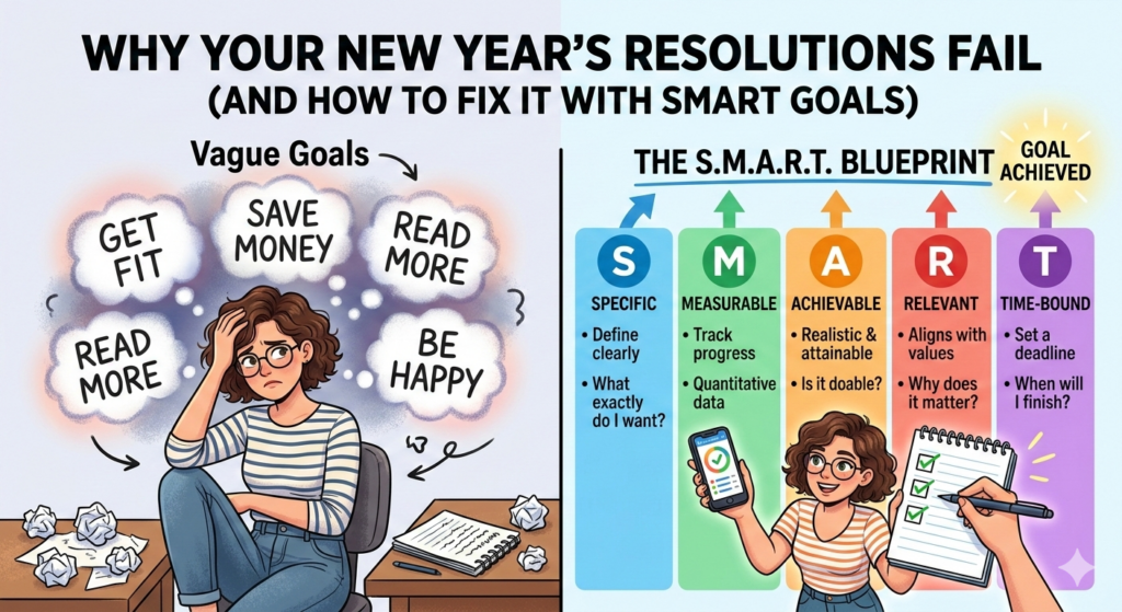 An infographic titled "The S.M.A.R.T. Blueprint" showing a comparison between vague goals like "Get Fit" and "Read More" versus structured SMART goals (Specific, Measurable, Achievable, Relevant, Time-bound) with a woman successfully tracking her progress on a checklist.