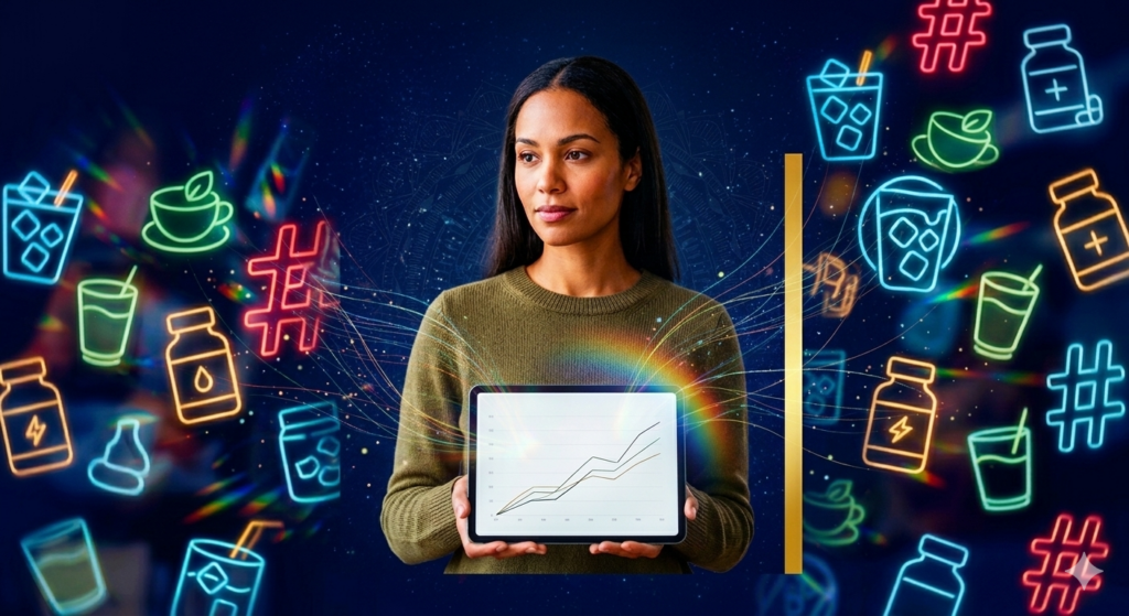 A woman holding a tablet with clear data trends (signal) surrounded by a chaotic swarm of floating neon icons (noise) representing wellness fads like supplements and hashtag trends. This visualizes the article's core theme of evidence-based mental wellness habits versus viral trends.