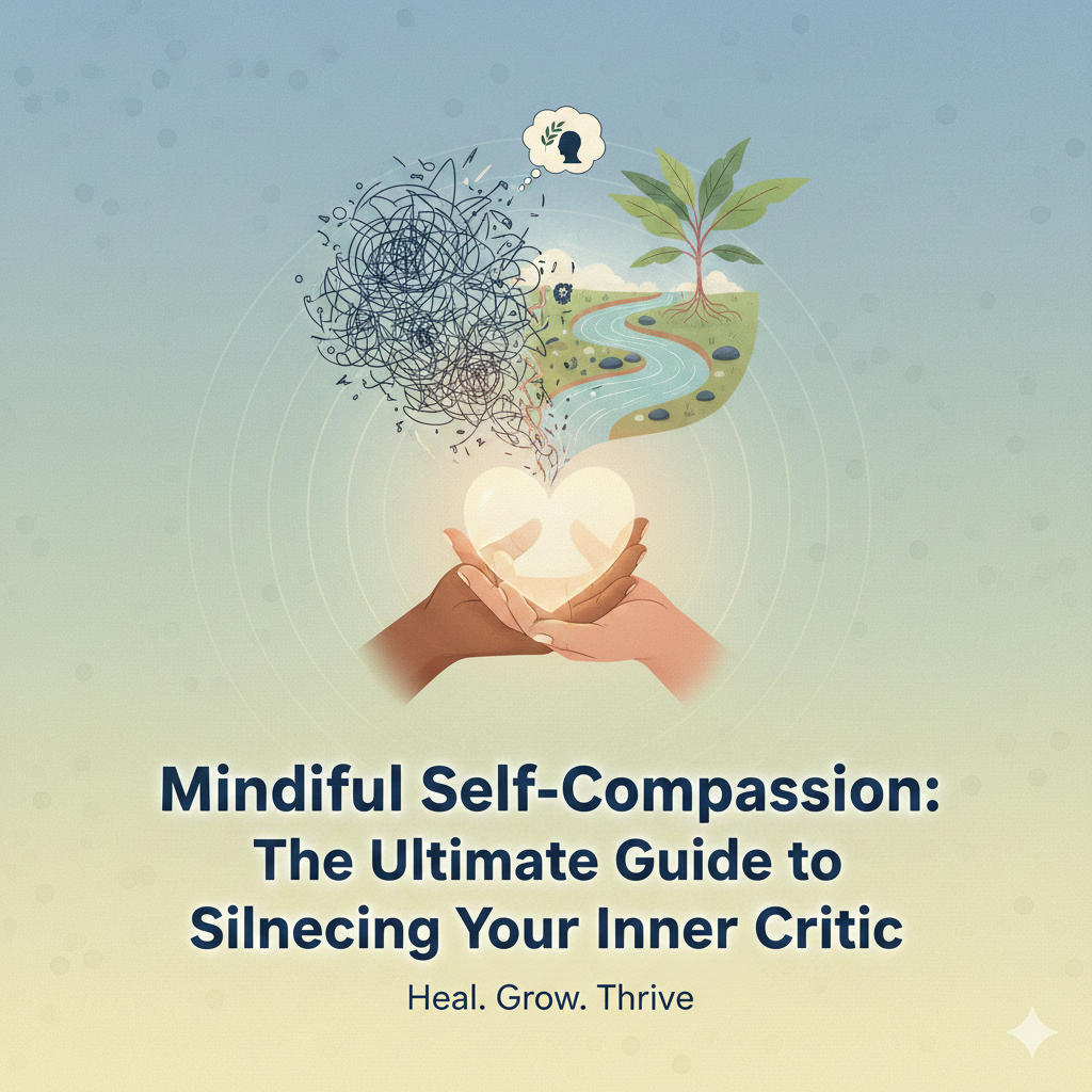 Illustration of mindful self-compassion showing a heart held in hands transitioning from a tangled scribble of thoughts to a peaceful nature landscape.