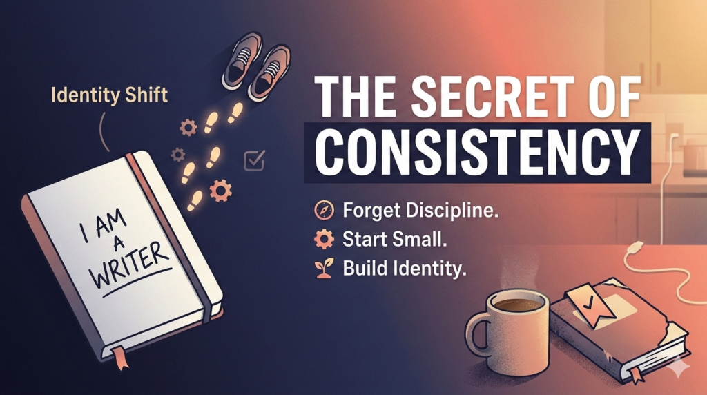 An illustrated graphic for a blog post titled 'The Secret of Consistency.' On the left, a journal with an elastic band is open to a page reading 'I AM A WRITER' under the label 'Identity Shift.' Footprints and gears lead to a pair of running shoes above. On the right, bullet points read: Forget Discipline. Start Small. Build Identity. A mug of coffee and a paperback book rest on a table in the foreground.