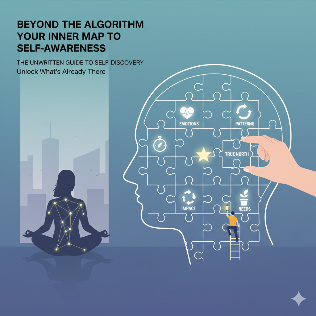 Conceptual illustration of a human head as a puzzle showing elements of self-awareness and emotional intelligence, including values, needs, and patterns, used to illustrate a guide on self-discovery.