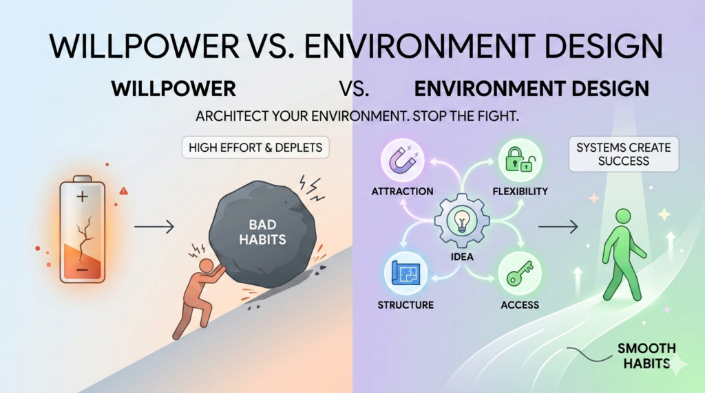 A comparative diagram showing the struggle of willpower (ego depletion) versus the ease of environmental design for habit change, featuring a basal ganglia habit loop system.