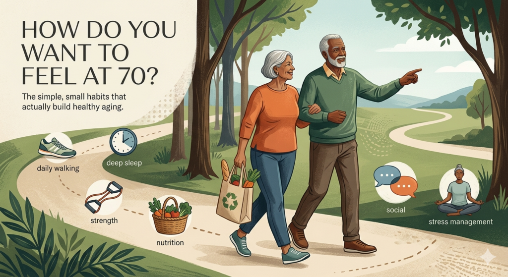 Editorial illustration of an active older couple walking outdoors, surrounded by icons representing the six pillars of longevity: movement, strength, nutrition, sleep, social connection, and stress management.