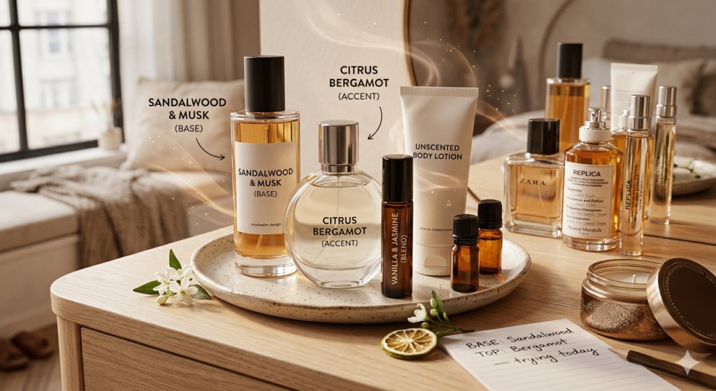 A curated collection of perfume bottles and lotions on a wooden vanity. One bottle is labeled 'Base' and another 'Accent,' illustrating the scent stacking method. A handwritten note shows a fragrance combination recipe next to a sprig of jasmine and a slice of dried citrus.