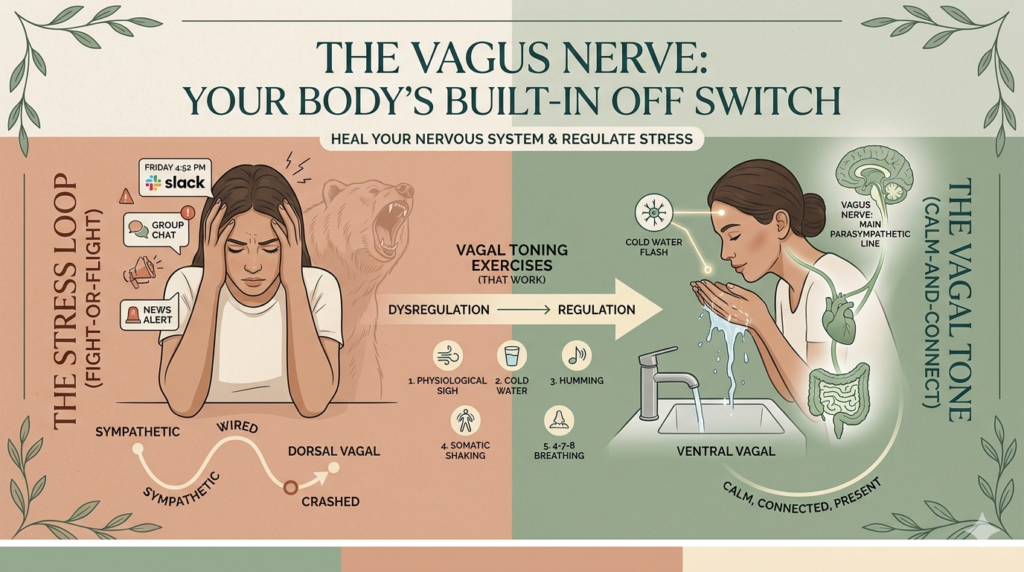 A comparison infographic showing a woman stressed by digital notifications (left) versus the same woman regulating her nervous system with cold water (right). The graphic includes a list of vagal toning exercises and a diagram of the vagus nerve pathway in sage green and terracotta tones.
