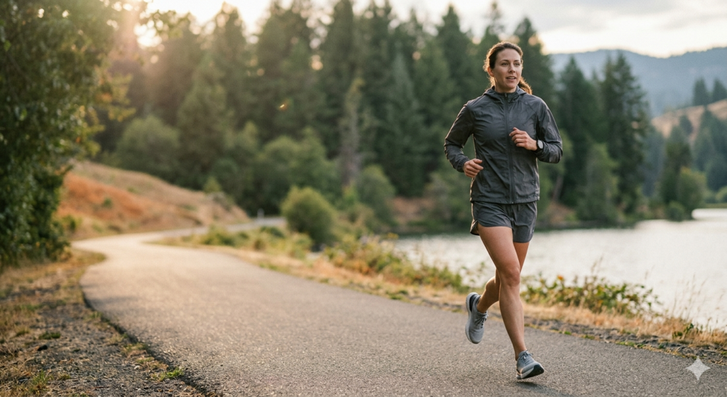 A low-angle photo of a runner's legs in blue socks and grey/blue shoes, running on a paved park path. A text box in the upper left reads: ZONE 2: THE FOUNDATION | BUILDING ENDURANCE, ONE BREATHABLE MILE AT A TIME. Soft, sun-dappled forest background with other runners in the distance.