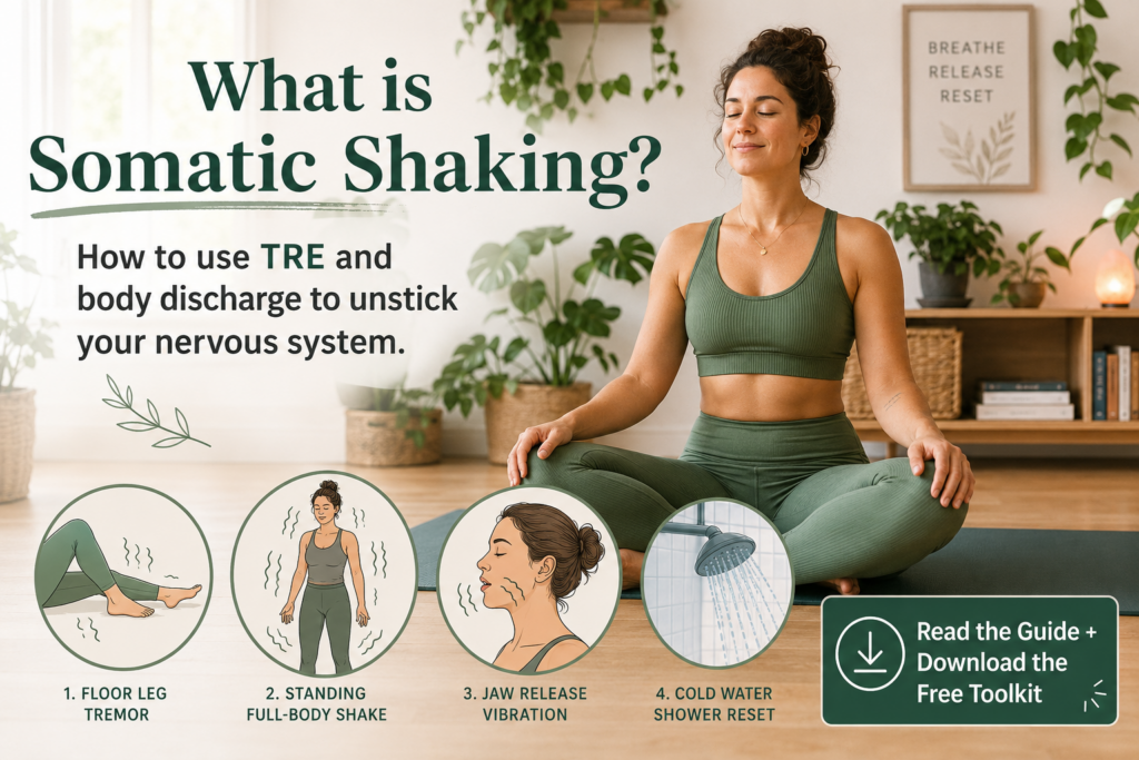 Woman practicing somatic exercises on a yoga mat to discharge adrenaline and regulate her nervous system