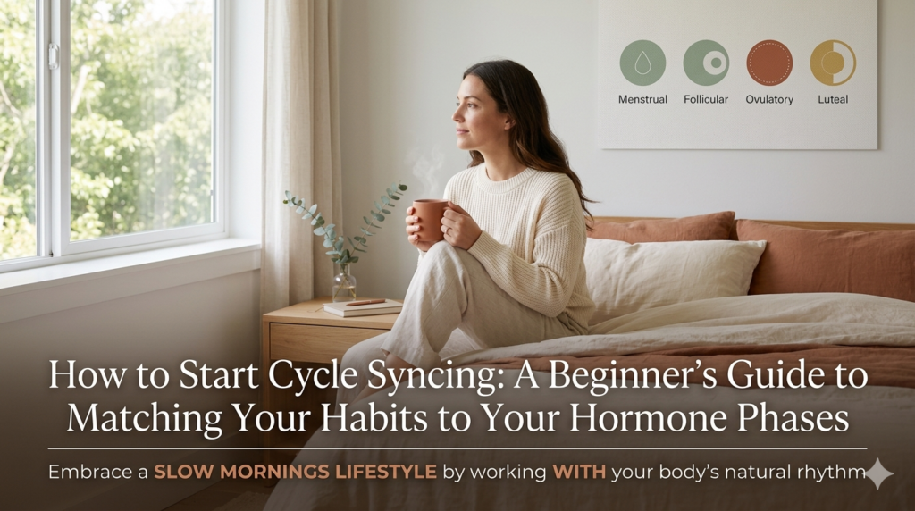 A woman in soft loungewear enjoys a slow morning by a window, near a wall chart illustrating the Menstrual, Follicular, Ovulatory, and Luteal phases.