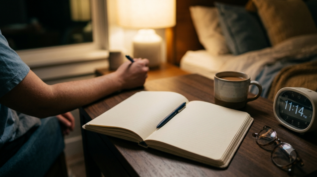 An over-the-shoulder view of a person sitting at a wooden desk at night, facing an open, blank journal with a pen resting on the page. On the desk, a digital clock displays 11:14 PM next to a pair of glasses and a ceramic mug, illuminated by the warm, soft glow of a bedside lamp in a cozy, dim bedroom.